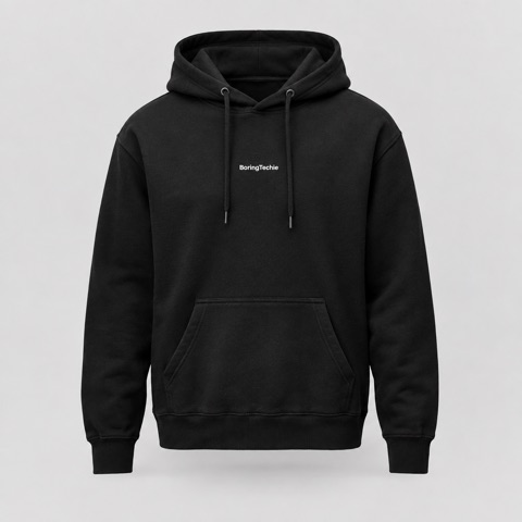 Black BoringTechie hoodie with a small white wordmark on the chest